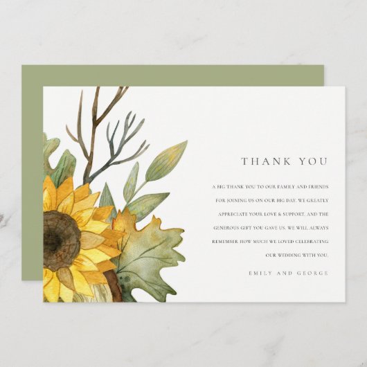 RUSTISCH GELBE SONNENBLUMENFLÜSSE WASSERFARBE DANKESKARTE (Vorne/Hinten)
