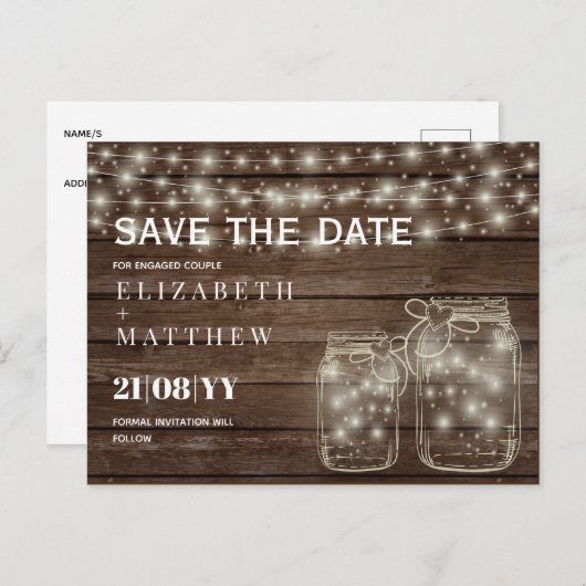 RUSTISCH Rett Date Mason Jars Strings Lights Hochz Postkarte (Vorne/Hinten)