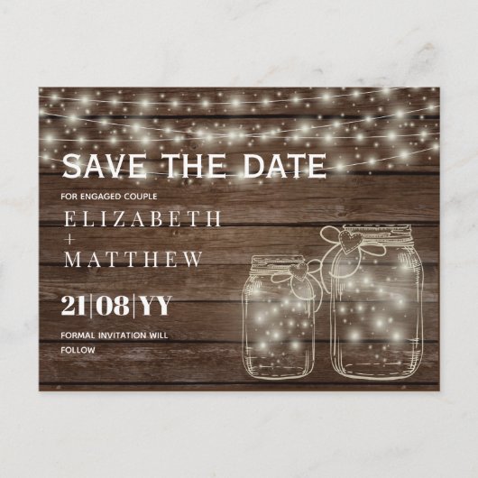 RUSTISCH Rett Date Mason Jars Strings Lights Hochz Postkarte (Vorderseite)