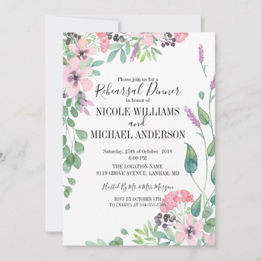 RUSTISCH rosa Aquarell Probe Abendessen Einladung (Vorderseite)