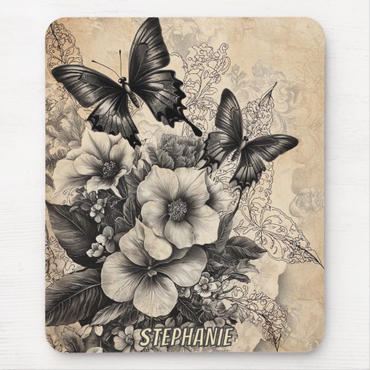 Rustische Blume und Schmetterlinge - Altpapier (10 Mousepad (Vorne)