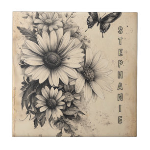 Rustische Blume und Schmetterlinge - Altpapier (11 Fliese
