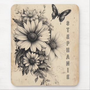 Rustische Blume und Schmetterlinge - Altpapier (11 Mousepad
