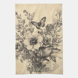 Rustische Blume und Schmetterlinge - Altpapier (12 Geschirrtuch