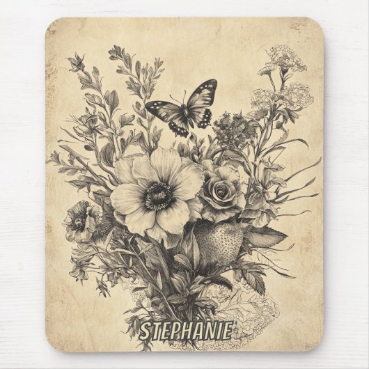 Rustische Blume und Schmetterlinge - Altpapier (12 Mousepad (Vorne)
