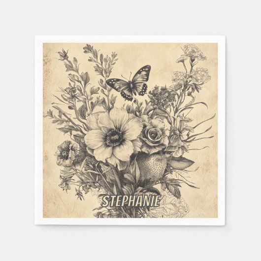 Rustische Blume und Schmetterlinge - Altpapier (12 Serviette (Vorderseite)
