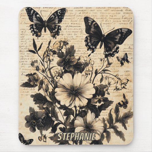Rustische Blume und Schmetterlinge - Altpapier (13 Mousepad (Vorne)