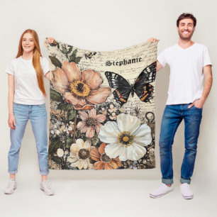Rustische Blume und Schmetterlinge - Altpapier (14 Fleecedecke