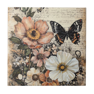 Rustische Blume und Schmetterlinge - Altpapier (14 Fliese