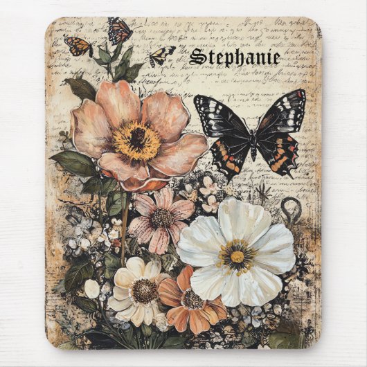 Rustische Blume und Schmetterlinge - Altpapier (14 Mousepad (Vorne)