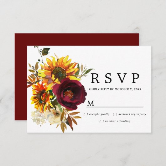 Rustische Burgund Red Floral Wedding RSVP Card (Vorne/Hinten)