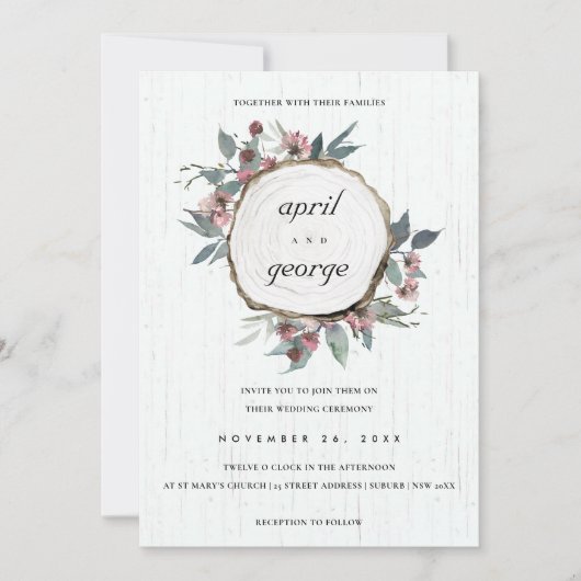 RUSTISCHE CHIC HOLZSLICE PINK FLORAL WEDITE DANKESKARTE (Vorderseite)