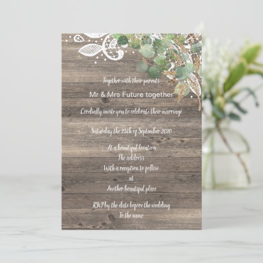 RUSTISCHE EUCALYPTUS LACE WEDD EINLADUNG (Stehend Vorderseite)