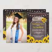 Rustische Graduierungspartei Jar Wood Sonnenblumen Einladung (Vorne/Hinten)