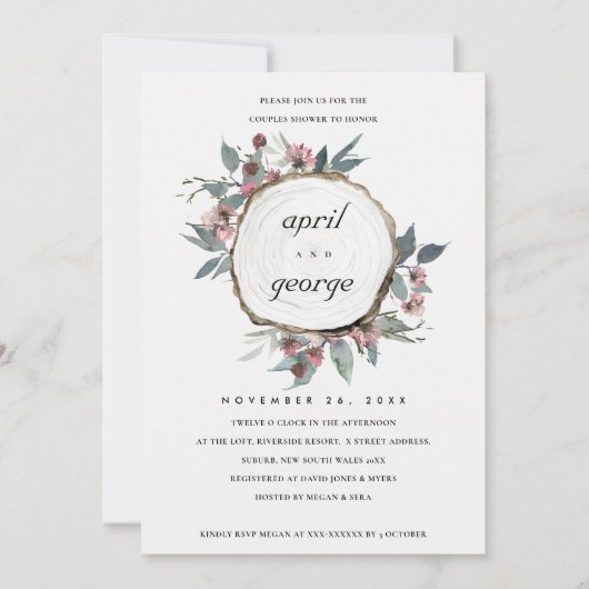 RUSTISCHE HOLZSLICE FLORAL COUPLES DUSCHEN EINLADE DANKESKARTE (Vorderseite)