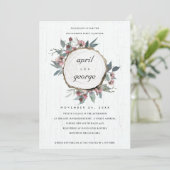 RUSTISCHE HOLZSLICE PINK FLORAL VERLOBUNG INVITE DANKESKARTE (Stehend Vorderseite)