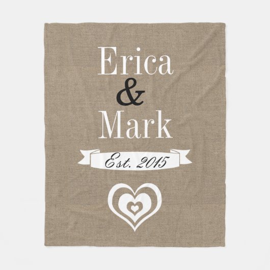 Rustische Imitate Burlap White Heart Couple's Name Fleecedecke (Vorderseite)