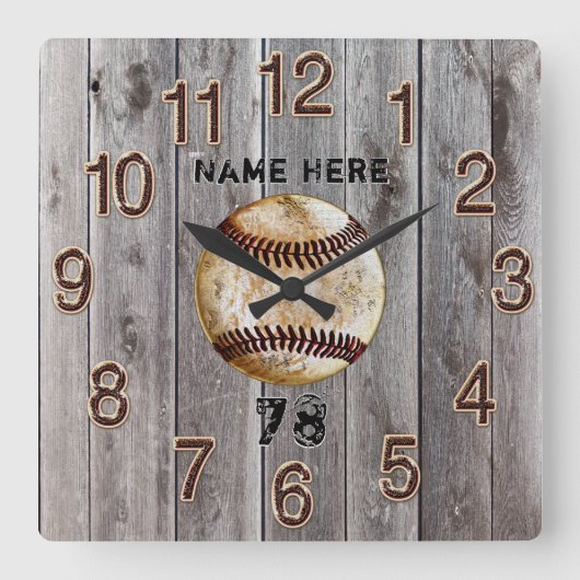 Rustische Imitate Holz Personalisierte Baseball Uh Quadratische Wanduhr (Vorderseite)