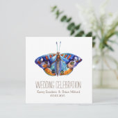 Rustische Leinwand, Blauer Schmetterling Einladung (Stehend Vorderseite)