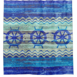 Rustische Navy Blue Coastal Decor Ship Wheels Duschvorhang