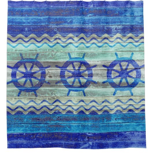 Rustische Navy Blue Coastal Decor Ship Wheels Duschvorhang (Vorderseite)