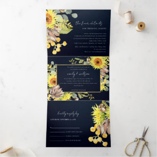 RUSTISCHE NAVY SUNFLOWER EUCALYPTUS FLUSSBREITE DREIFACH GEFALTETE EINLADUNG