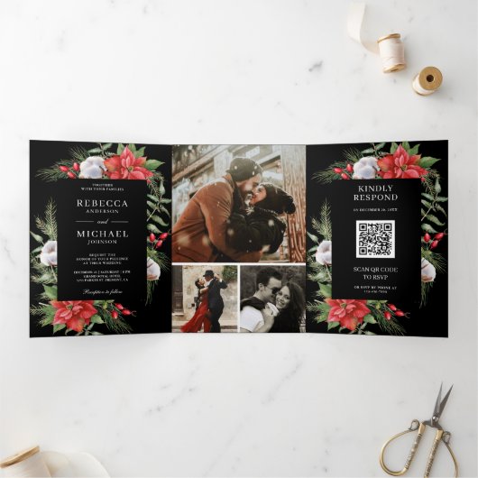 Rustische Poinsettia QR Code Weihnachtsschwarze Ho Dreifach Gefaltete Einladung (Innenseite)