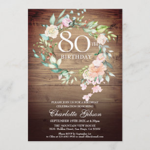 Rustische Rose Garland Monogramm 80. Geburtstag Einladung