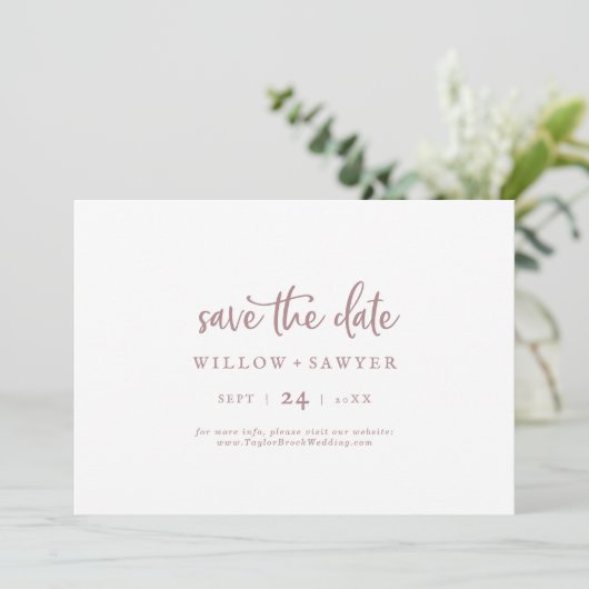 Rustische Rose Gold Script Horizontal Save the Dat Save The Date (Stehend Vorderseite)
