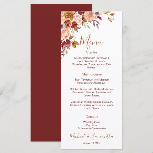 Rustische Rose und Chrysanthemum-Hochzeit im Herbs Menükarte (Vorne/Hinten)