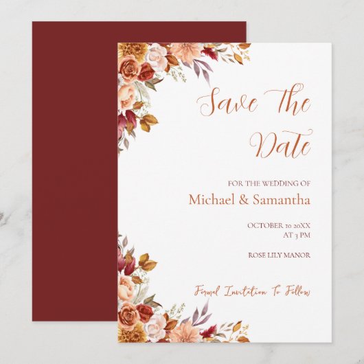 Rustische Rose und Chrysanthemum-Hochzeit im Herbs Save The Date (Vorne/Hinten)