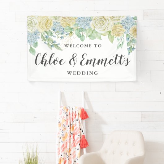 Rustische Rose und Hydrangea-Blumenhochzeit Banner (Insitu)
