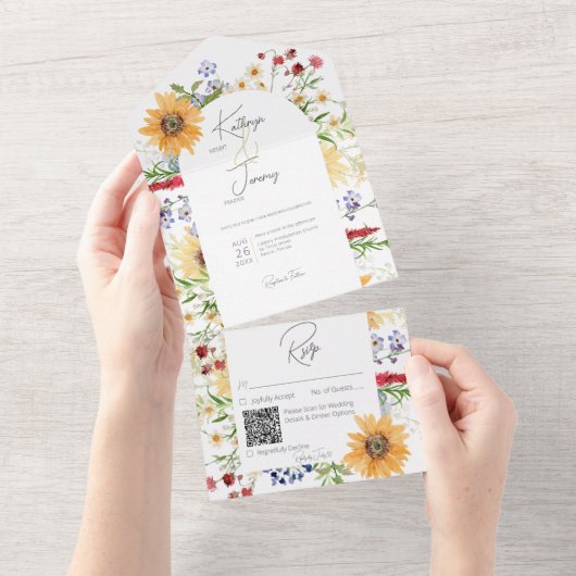 Rustische Sommer-Wildblumen Sonnenblumen Weißer QR All In One Einladung (Abreißen)