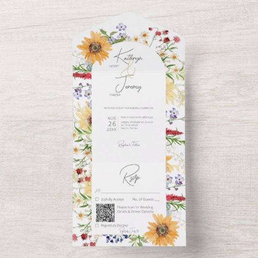Rustische Sommer-Wildblumen Sonnenblumen Weißer QR All In One Einladung (Innen Boden)