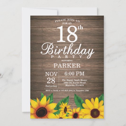 Rustische Sonnenblume 18. Geburtstag Einladung (Vorderseite)