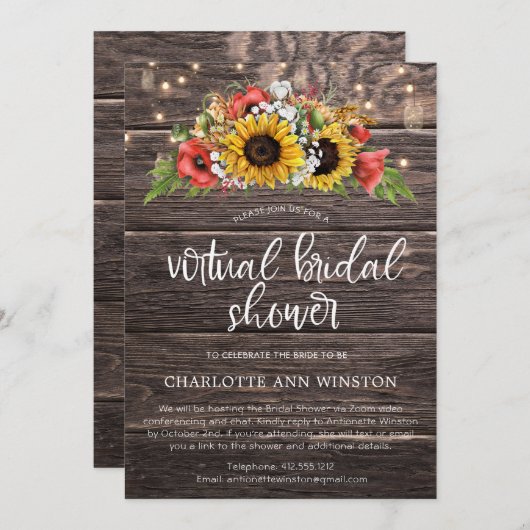 Rustische Sonnenblume BabysBreath Virtual Brautpar Einladung (Vorne/Hinten)