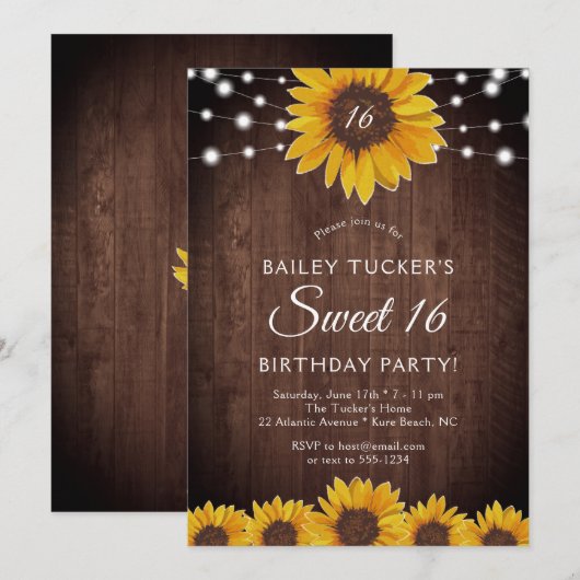 Rustische Sonnenblume Süß 16 Birthday String Light Einladung (Vorne/Hinten)