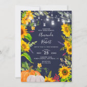 Rustische Sonnenblumen String Lights Pumpkin Navy Einladung (Vorderseite)