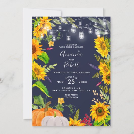 Rustische Sonnenblumen String Lights Pumpkin Navy Einladung (Vorderseite)