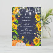 Rustische Sonnenblumen String Lights Pumpkin Navy Einladung (Stehend Vorderseite)