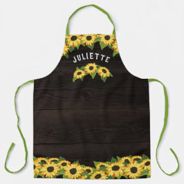 Rustische Sonnenblumen und dunkler Holzername Schürze