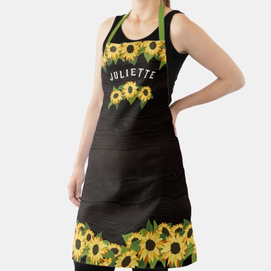 Rustische Sonnenblumen und dunkler Holzername Schürze (InSitu)