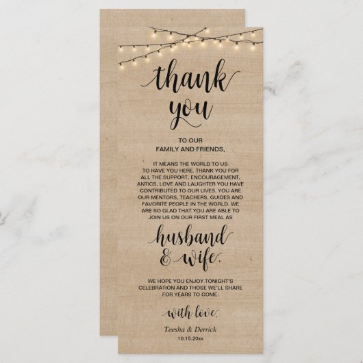 Rustische String-Lichter, Platzierung der Dankesch Programm (Vorne/Hinten)