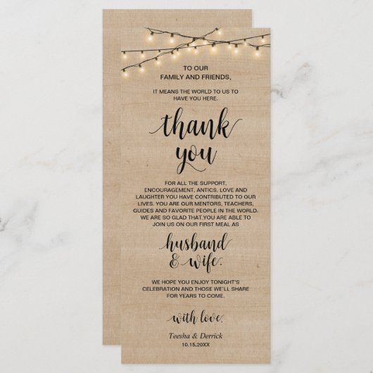 Rustische String-Lichter, Platzierung der Dankesch Programm (Vorne/Hinten)