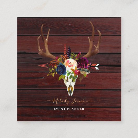 RUSTISCHE WASSERCOLOR-BLUME, BOHO SKULL+ARRONE QUADRATISCHE VISITENKARTE (Vorderseite)