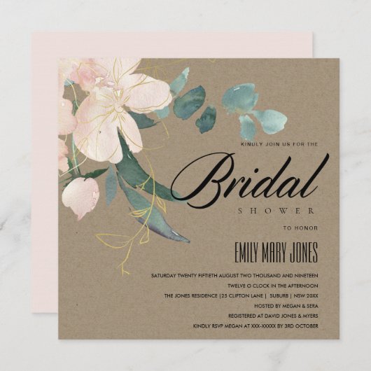 RUSTISCHES BLUSFLORAL KRAFT WATERCOLOR BRAUTPARTY EINLADUNG (Vorne/Hinten)