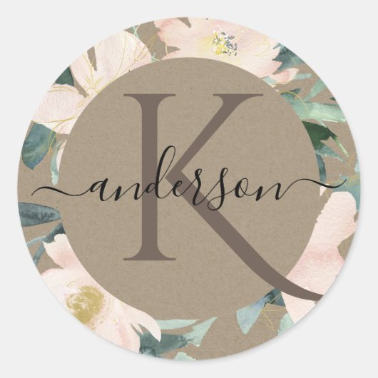 RUSTISCHES BLUSGOLD KRAFT FLORAL WATERCOLOR MONOGR RUNDER AUFKLEBER (Vorderseite)