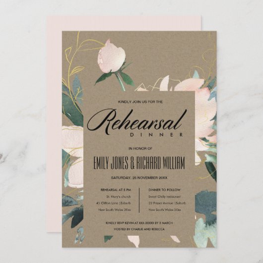 RUSTISCHES BLUSH FLORAL WATERCOLOR PROBE DINNER EINLADUNG (Vorne/Hinten)