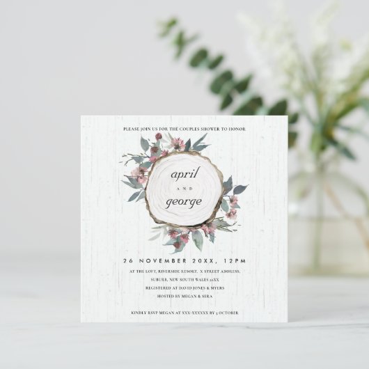 RUSTISCHES HOLZSLICE PINK FLORA COUPLES SHOWITE DANKESKARTE (Stehend Vorderseite)