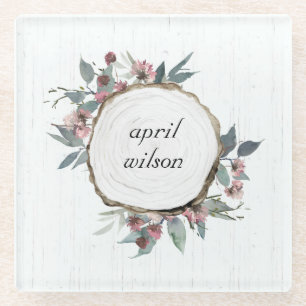 RUSTISCHES HOLZSLICE WILD PINK FLORAL EUCALYPTUS GLASUNTERSETZER